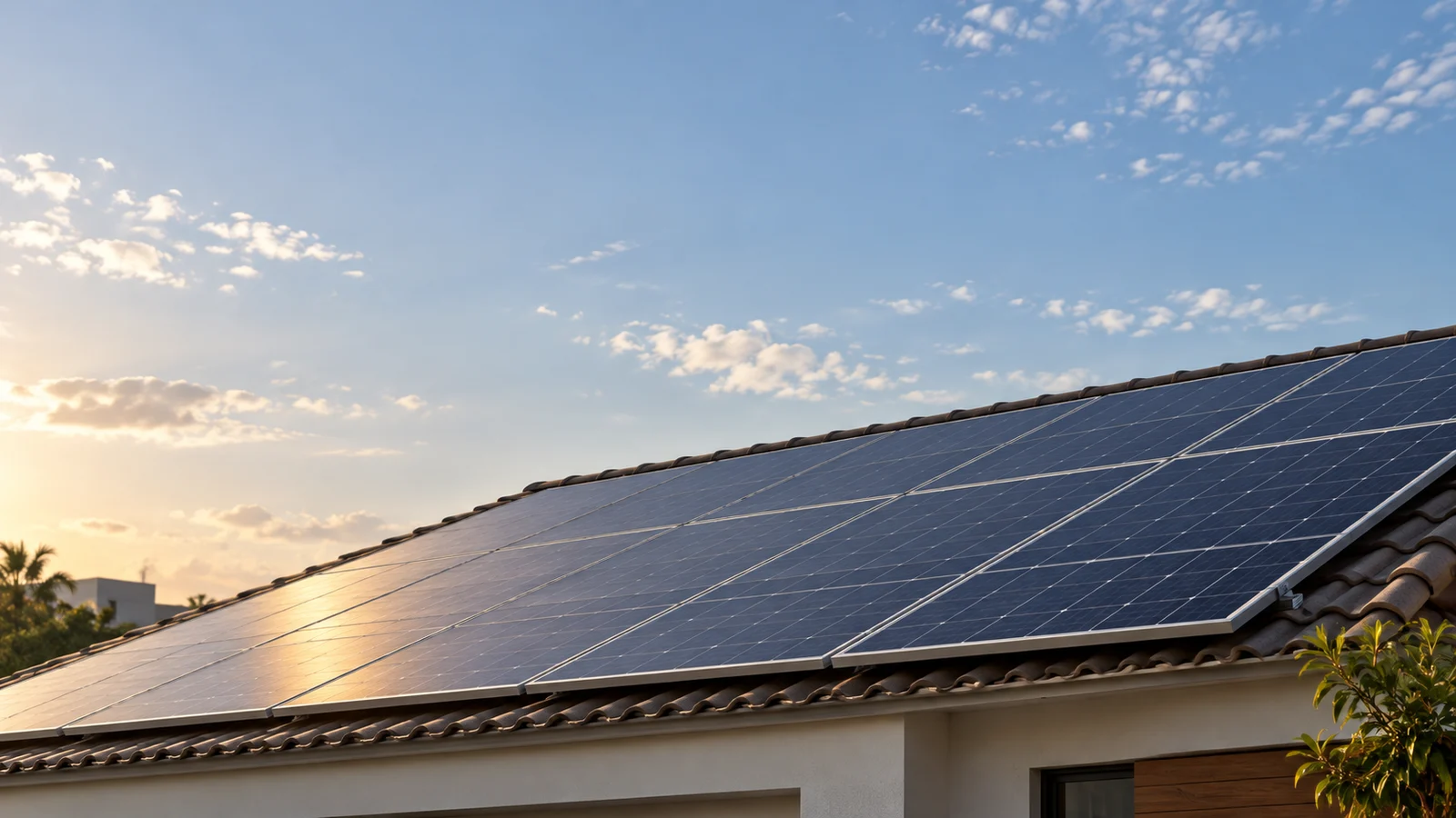 Telhado residencial com painéis de energia solar sob um céu aberto